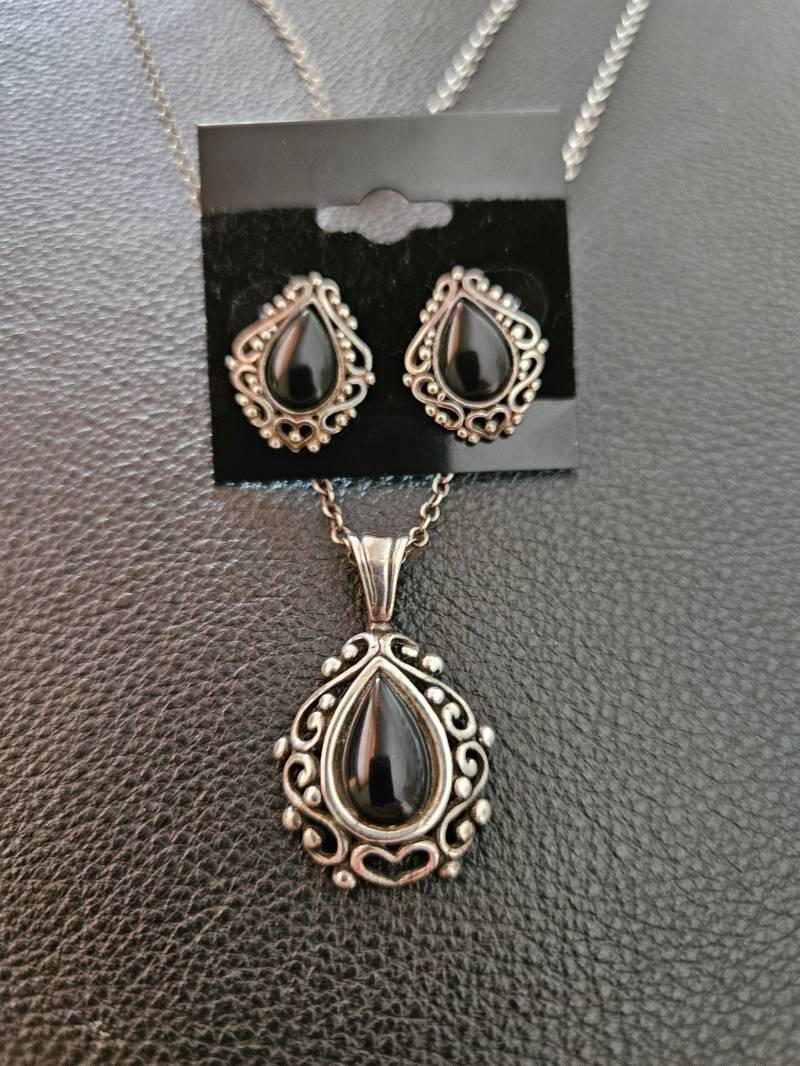 E021 Antike Jezlaine Onyx Ohrringe Und Anhänger Filigran Set in Sterling Silber - Vintage E021 Antike Jezlaine Onyx Ohrringe Und Anhänger Filigran Set in Sterling Silber - Vintage von JewelryByMissCarly