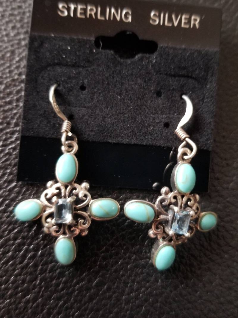 E105 Türkis Und Blau Topas Sterling Silber Baumengelohrringe - Vintage E105 Türkis Und Blau Topas Sterling Silber Baumengelohrringe - Vintage von JewelryByMissCarly