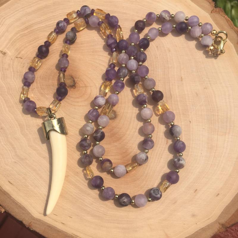 Sale Amethyst Und Citrin Perlen Horn Halskette, Boho Edelstein Halskette von JewelryByRobyn