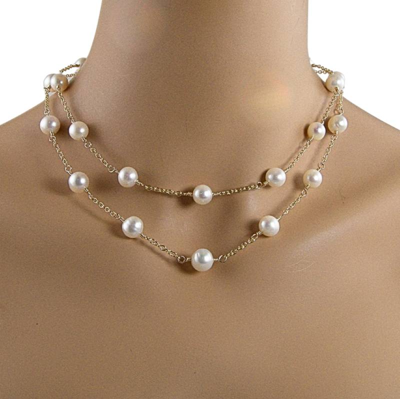 Lange Perlenstation Kette 14K Gold Filled Kette, Süsswasserperlen von JewelryByTali