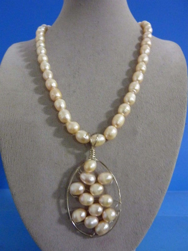 Abg. Sterling Silber 925 Süßwasser-Zuchtperlen-Anhänger Und Einzelstrang Echte Perlen-Halskette Damen Retro Handgefertigter Edler Schmuck von JewelryBygones