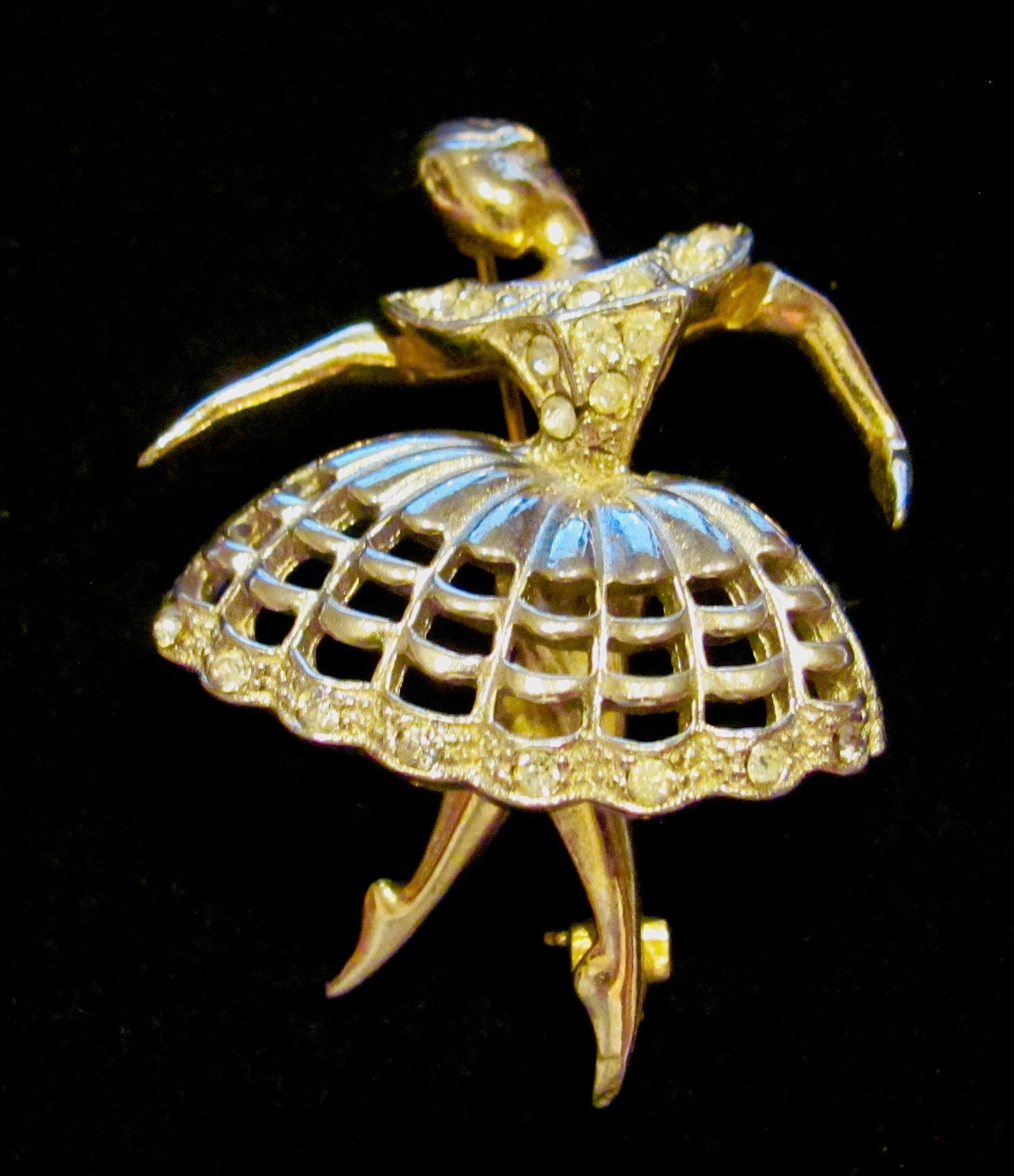 Seltene 40Er Jahre Coro Craft Corocraft Katz Signierte Ballerina Tänzerin Vintage Brosche Anstecknadel Vergoldet W/Klare Strasssteine von JewelryBygones