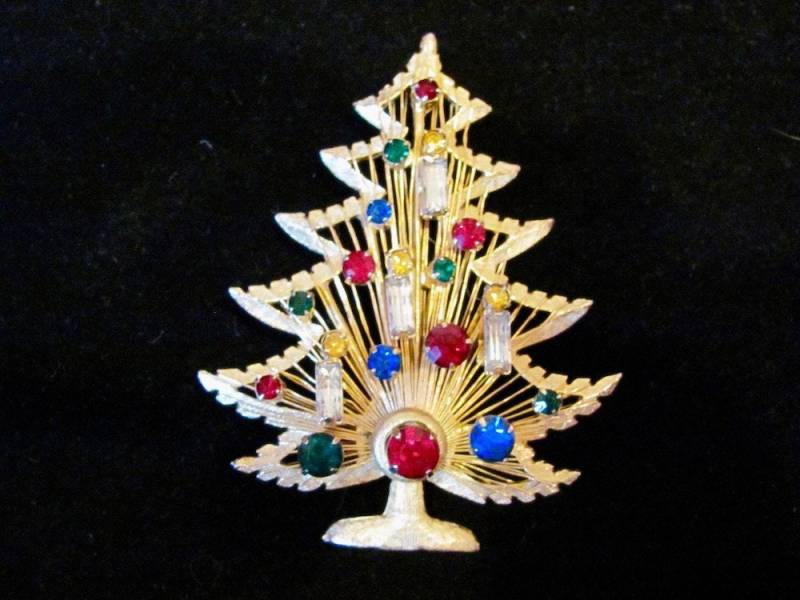 Vintage Brooks "Harfe" Stil Signierte Mehrfarbige Rhinestones & Kerzen Weihnachtsbaum Urlaub Brosche Pin Sammlerstück Modeschmuck von JewelryBygones