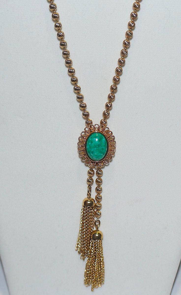 Vintage Delizza Und Elster D & E Für Avon Signiert Marmorierte Ming Grün Gold Ton Perlen Lariat Verstellbare Schiebe Halskette Damenmode Vgc von JewelryBygones