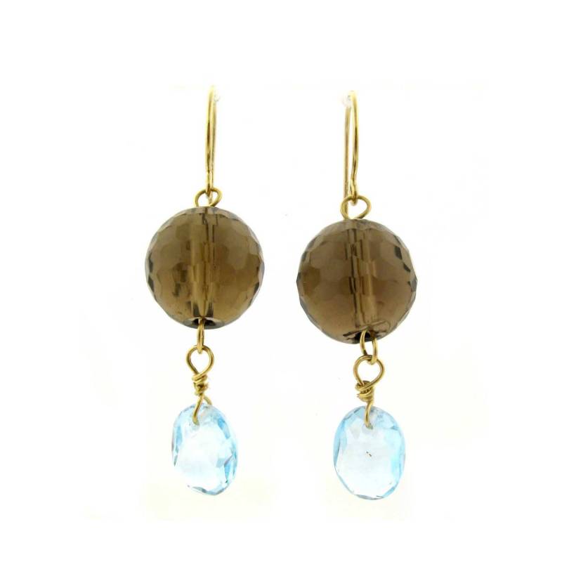 Facettierte Blaue Topas 14K Gelbgold & Rauchigen Quarz Kugel Perle Baumanhohrringe von JewelryDealsGalore