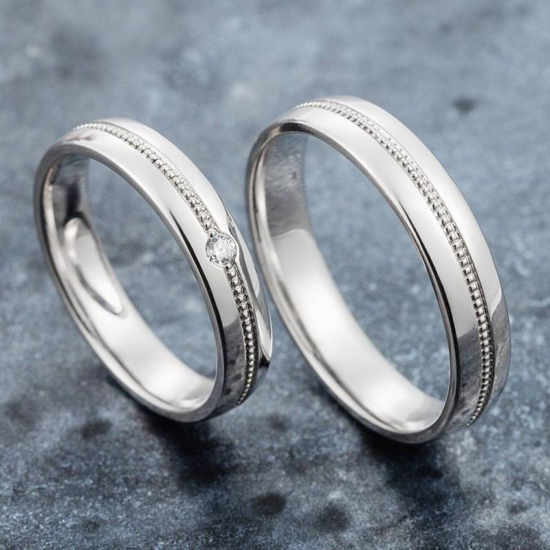 Weißgold-Eheringe Mit Milgrain-Details. Passende Eheringe. Paar Ringe. Milgrain Rauten Bänder. Trauringe Sets von JewelryEscorial
