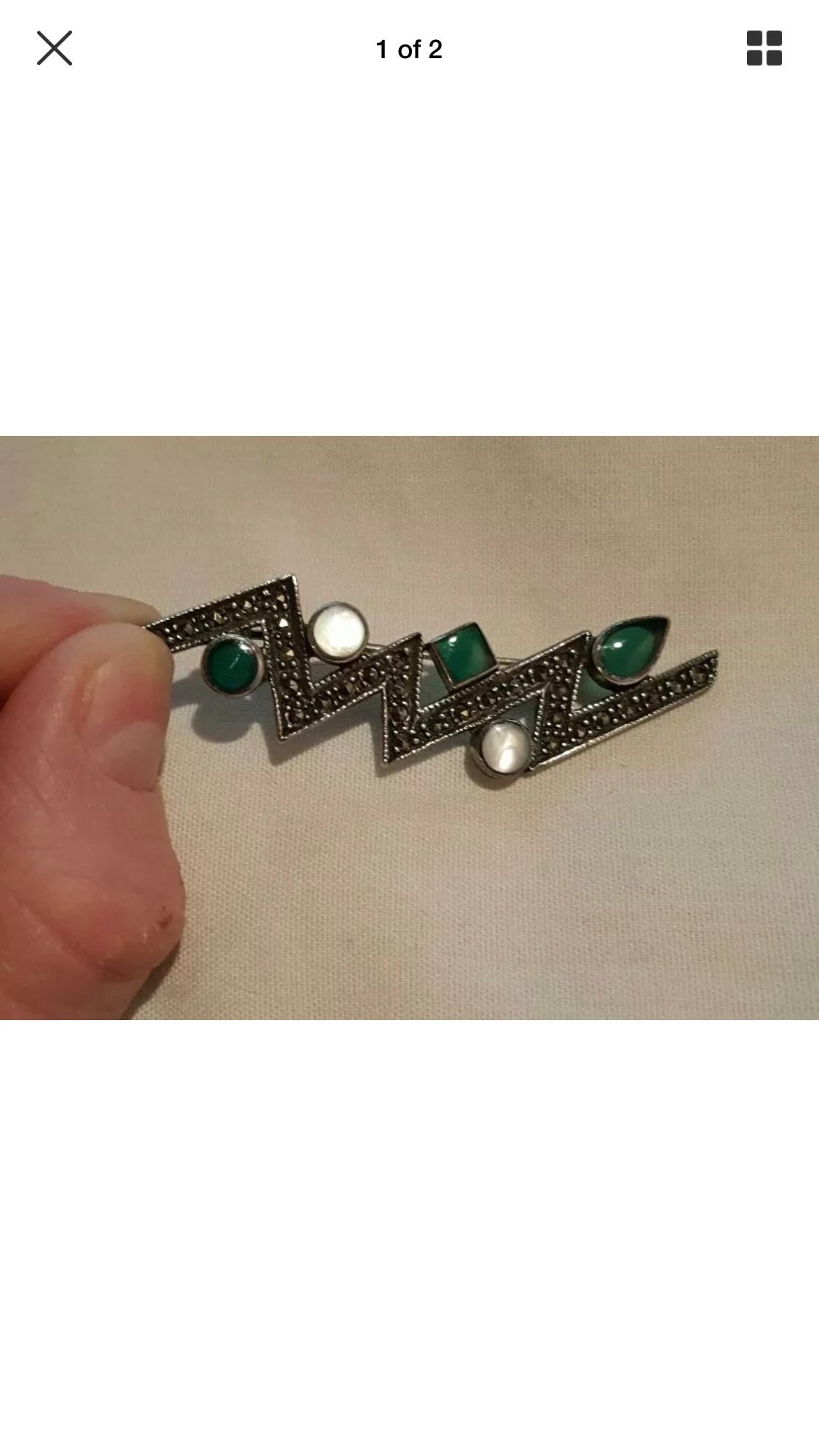 Sterling Silber Markasit Zick Zack Pin Perlmutt Grün Stein Brosche Sterling Silber Markasit Zick Zack Pin Perlmutt Grün Stein Brosche von JewelryGaloreGifts