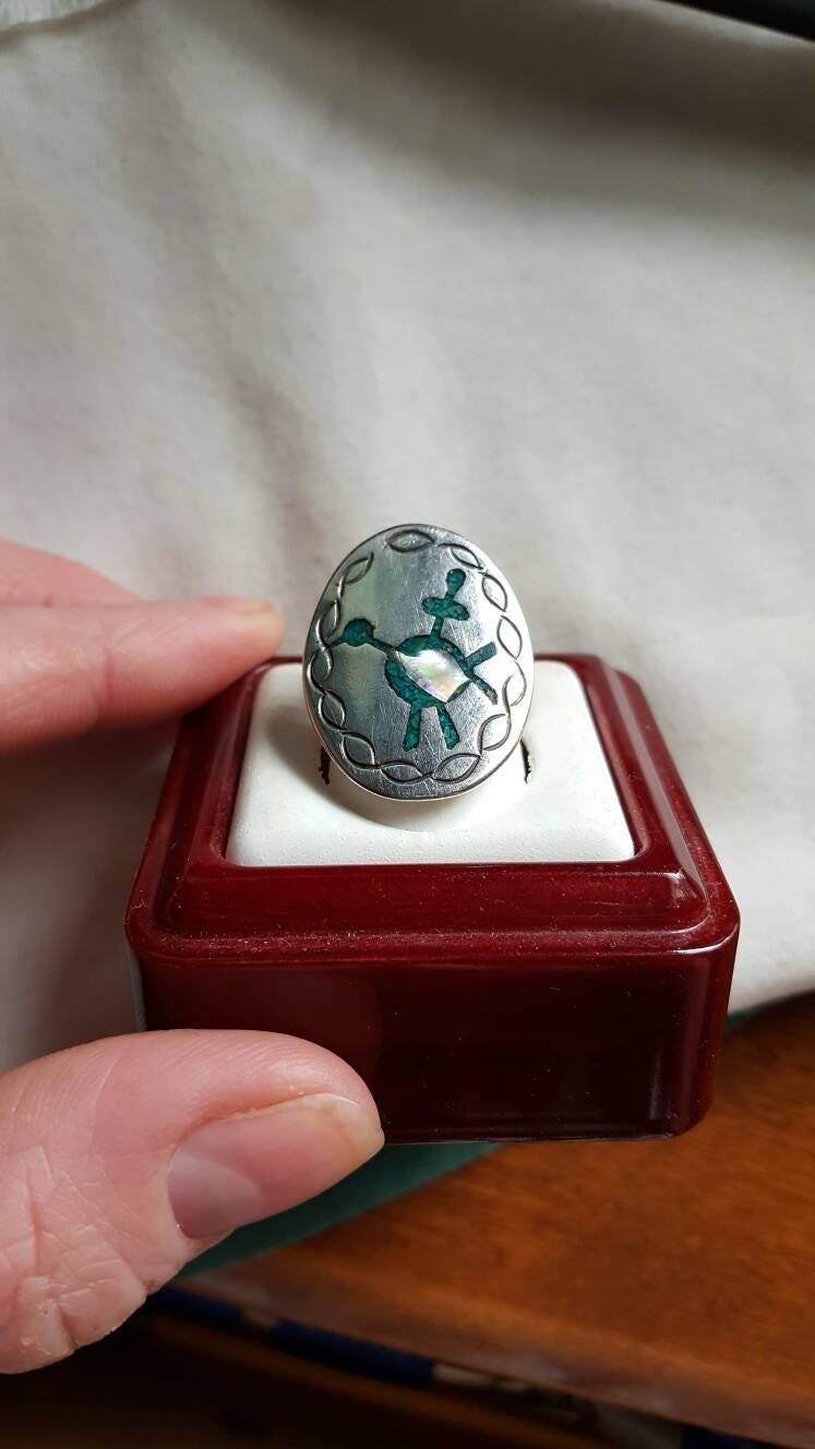 Vintage Sterling Silber Crushed Türkis & Abalone Stein Vogel Ring - Einstellbare Größe-Af von JewelryGaloreGifts