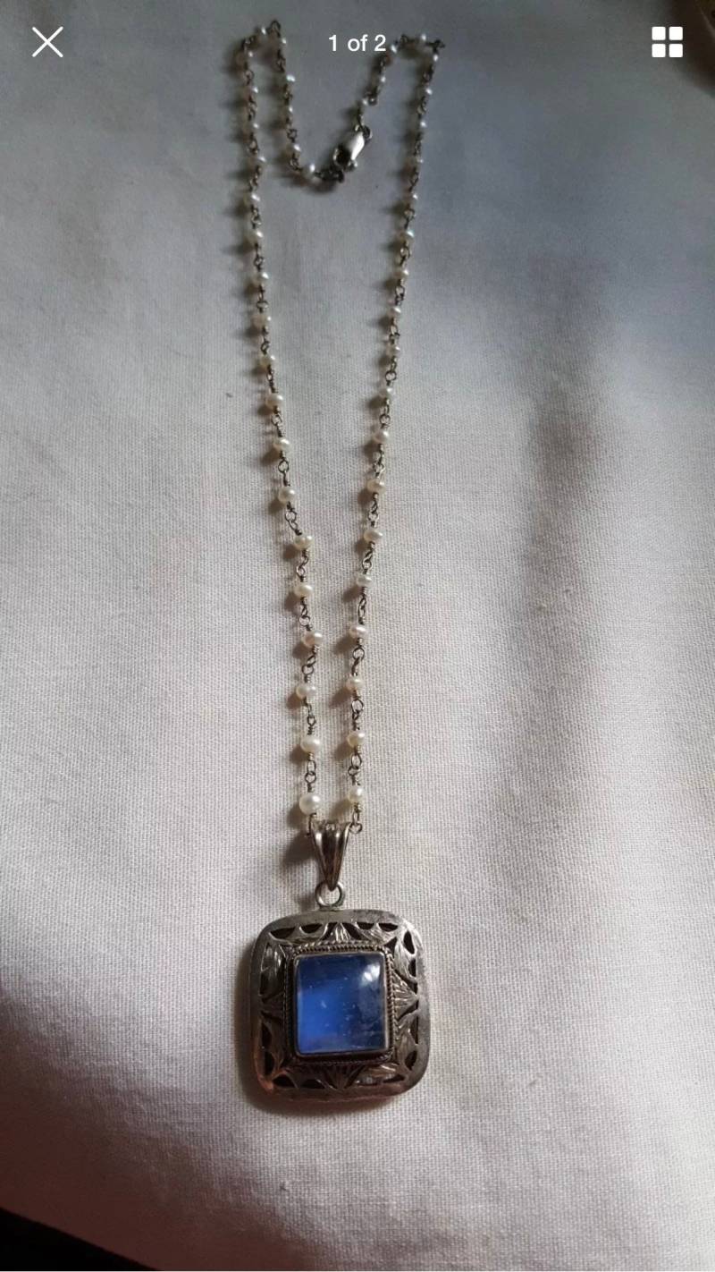 Vintage Sterling Silber Faux Perle-Link-Halskette & Blau Stein Anhänger-Af von JewelryGaloreGifts