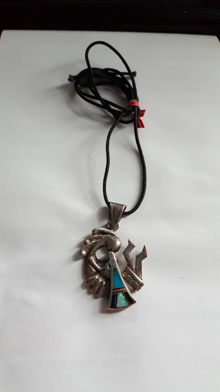 Vintage Sterling Silber Multi Stein Inlay Kokopelli Anhänger Halskette von JewelryGaloreGifts
