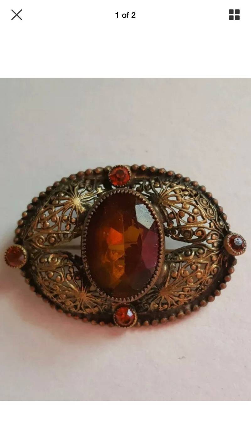 Vintage Verzierte Art Deco-Filigrane Messington-Bernstein-Brosche-Af von JewelryGaloreGifts