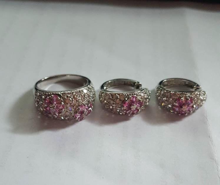 sterling Silber Weiß/Rosa Cz Blume Cluster Ring & Ohrring Set Ps von JewelryGaloreGifts