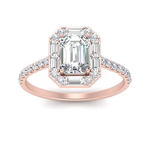 JewelryGift Art Deco Halo Ring im Smaragdschliff Rosengoldbeschichtet Erstellt Cubic Zircon Smaragdform Halo Verlobungsringe Zinkeneinstellung Größe 51 einfache Geschenke von JewelryGift