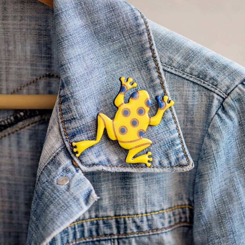 Handgemachte Gelb Blau Frosch Brosche, Verspielte Natur - Inspiriert Pin von JewelryKatMade