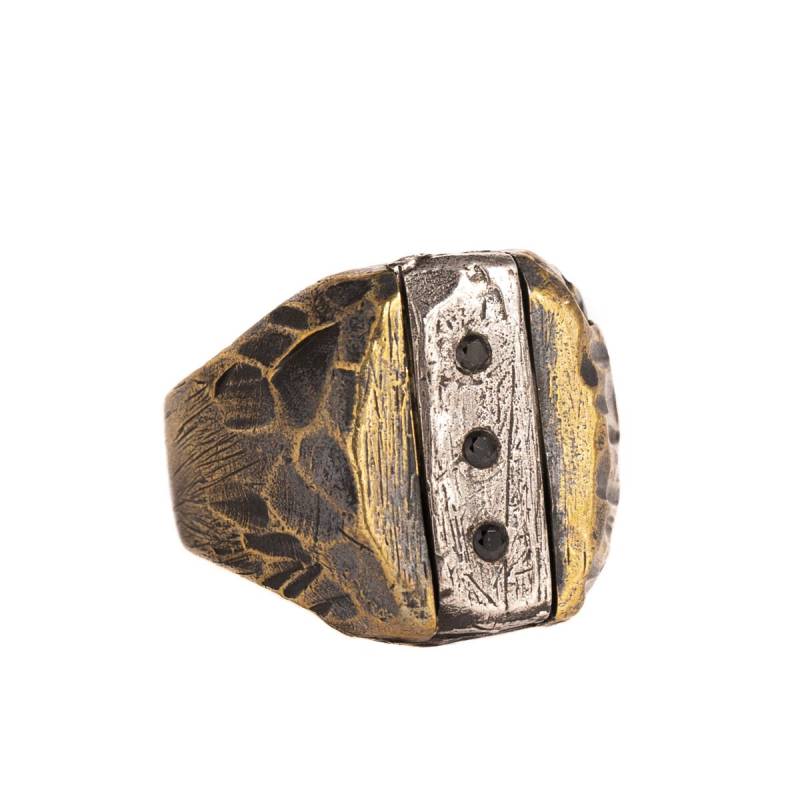 Robuster Rustikaler Ring Aus Messing Und Sterling Mit 3 Steinen, Unisex Statement Ring, Handarbeit in Bali, Geschenk Zum Jahrestag von JewelryLabBali