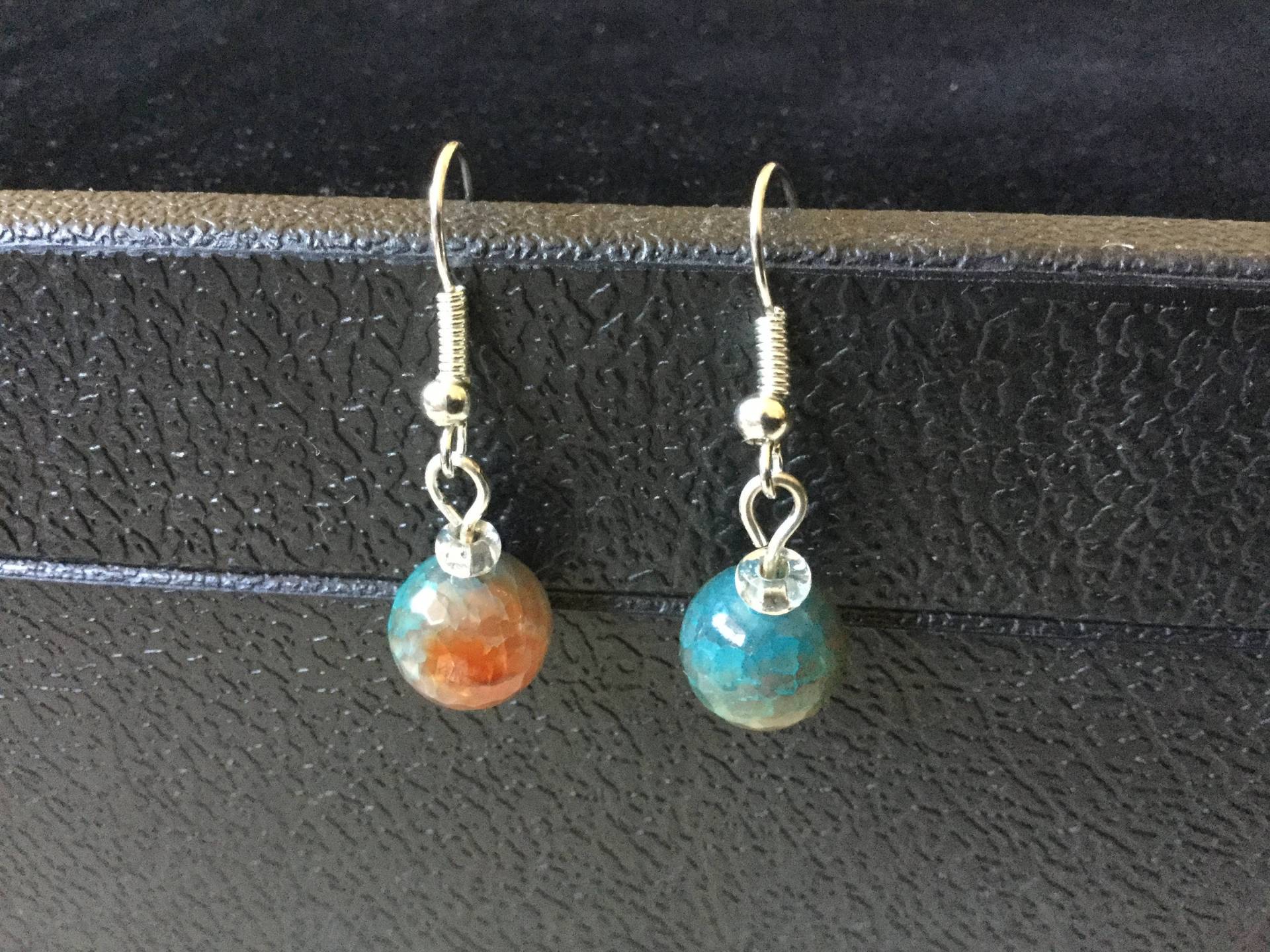 Baumeln Sie Ohrringe/Handarbeit/Runde Natürlichen Blauen Achat/Glänzend Blau Orange Beige Stein/Klar Silber Ausgekleidet Glasschliff Perlen von JewelryLoveRocks
