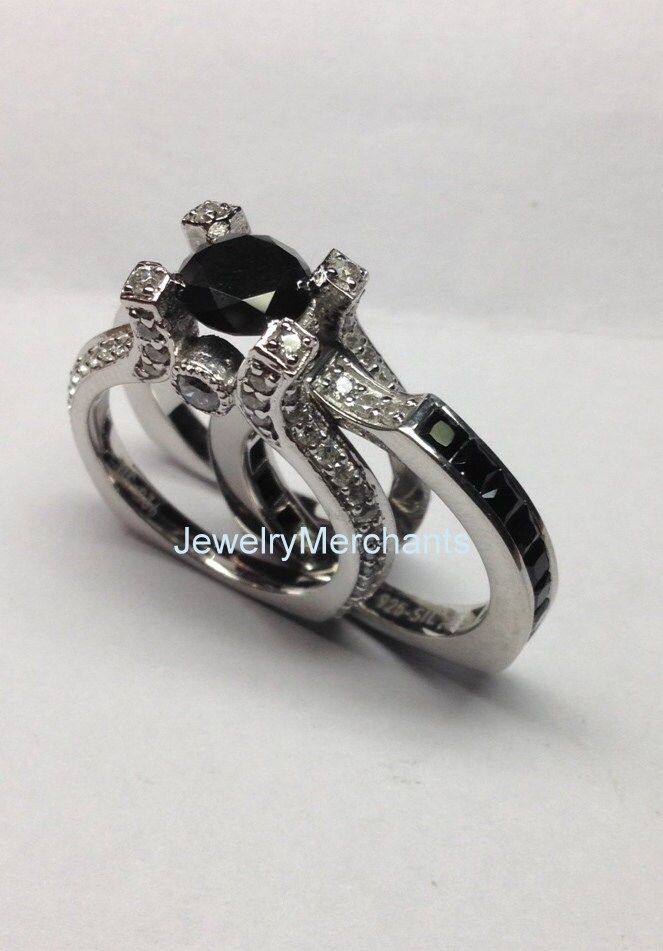 Black Diamond Verlobungsring Set 925 Sterling Silber Braut Wechselringe von JewelryMerchants