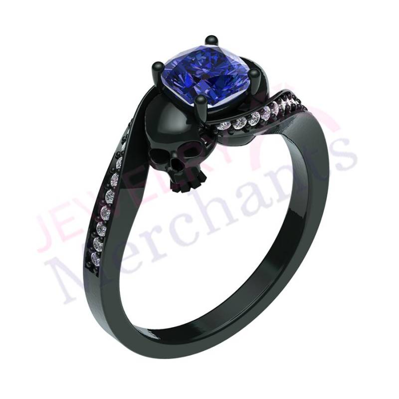 Gothic Totenkopf Verlobungsring 2.20 Ct Blauer Saphir, 925 Sterling Silber Schwarz Vergoldet von JewelryMerchants
