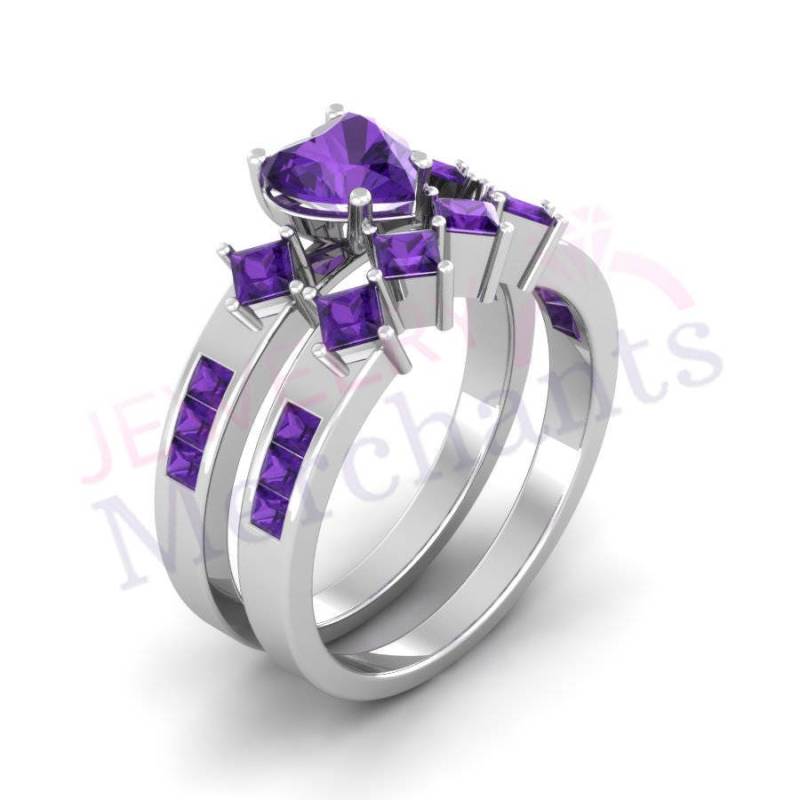 Lila Saphir Herz Ehering Set Massive 925 Sterling Silber Verlobungsring von JewelryMerchants