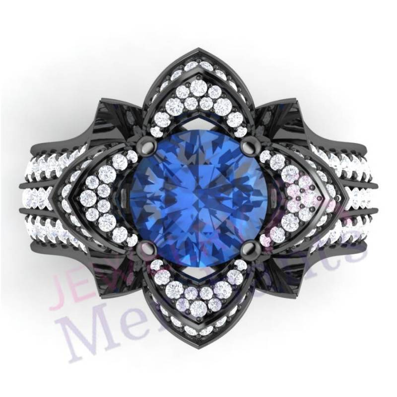 Lotus Blume Blau Labrador Saphir Verlobungsring 925 Sterling Silber Mit Schwarz Gold Finish von JewelryMerchants