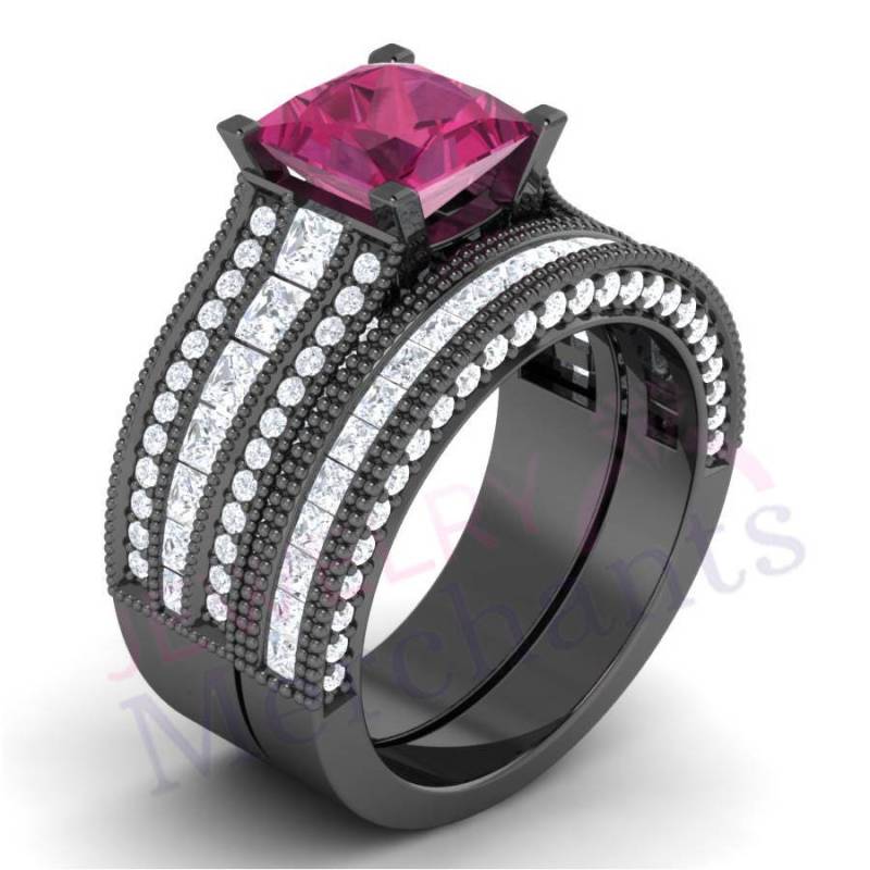 Princess Cut Pink Lab Saphir Verlobungsring Set Schwarzgold Über 925 Sterling Silber von JewelryMerchants