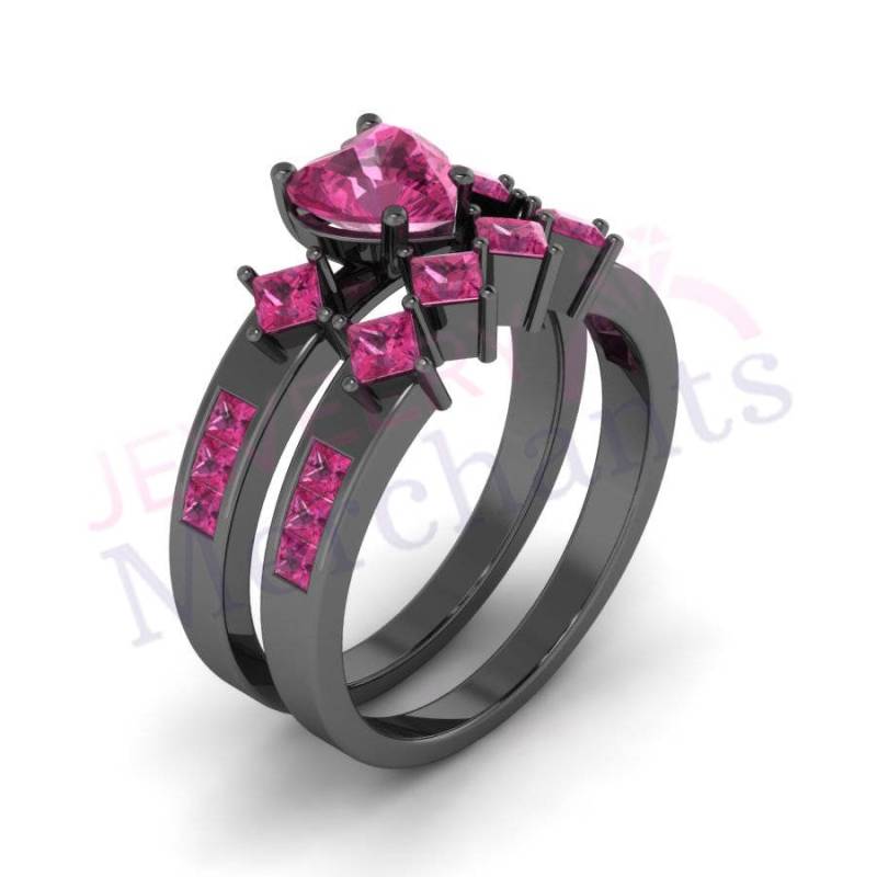 Rosa Saphir Herz Ehering Set Schwarz Gold Finish 925 Sterling Silber Schmuck von JewelryMerchants