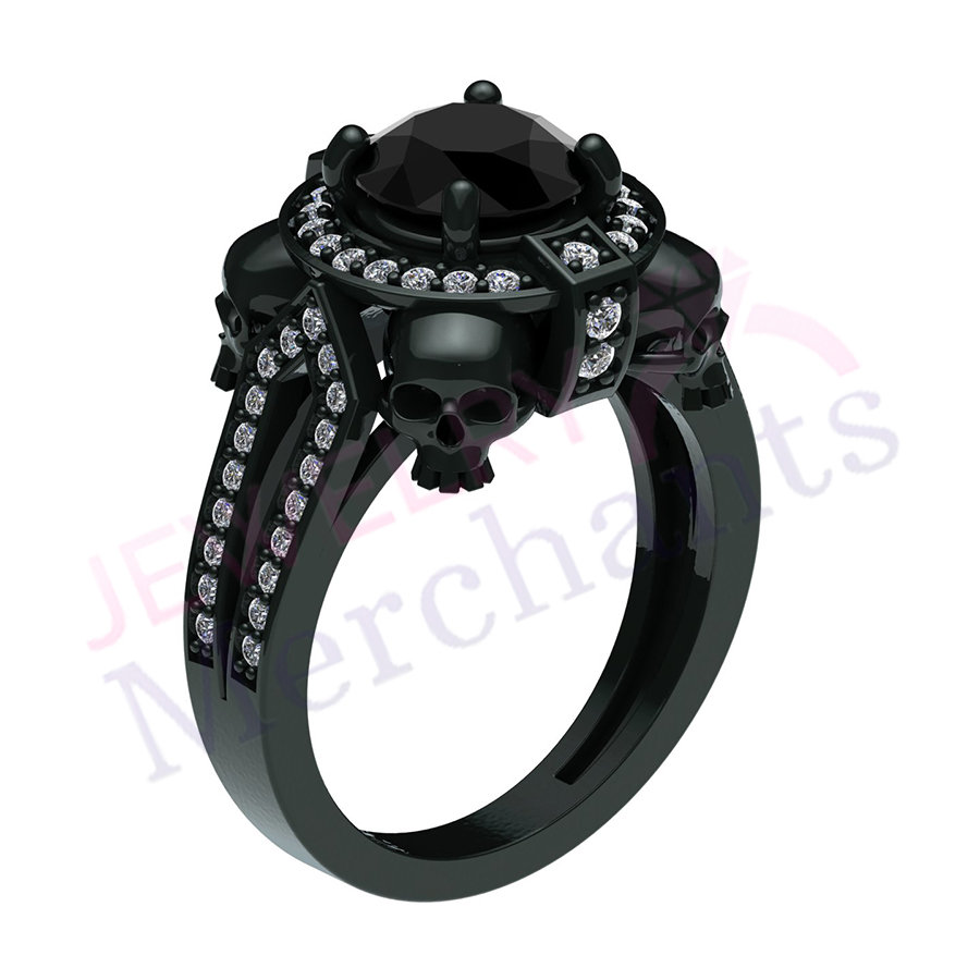 Schwarzer Simulierter Diamant Totenkopf Verlobungsring, 925 Sterling Silber Gothic Ehering von JewelryMerchants