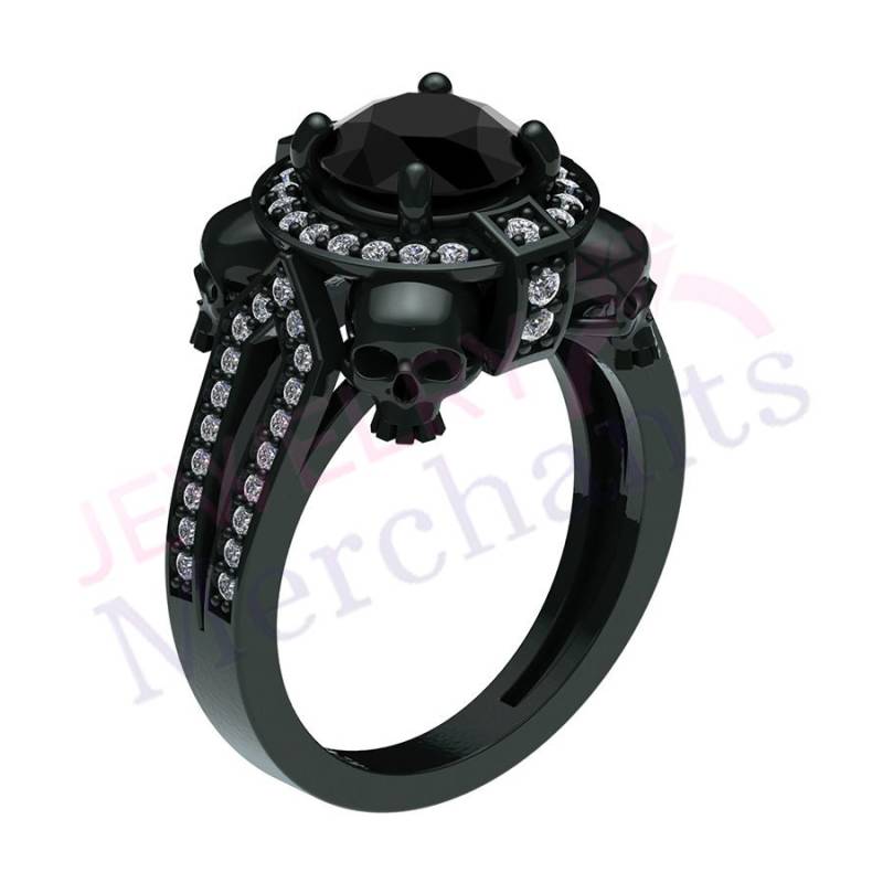 Schwarzer Simulierter Diamant Totenkopf Verlobungsring, 925 Sterling Silber Gothic Ehering von JewelryMerchants
