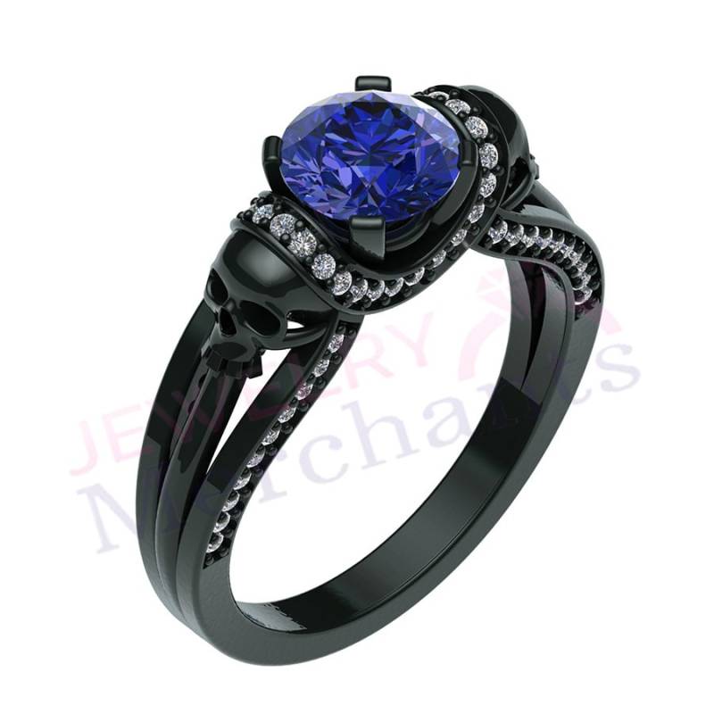 Totenkopf Verlobungsring 2.60 Ct Blauer Saphir, Gothic 925 Sterling Silber Mit Schwarz Gold-Finish von JewelryMerchants