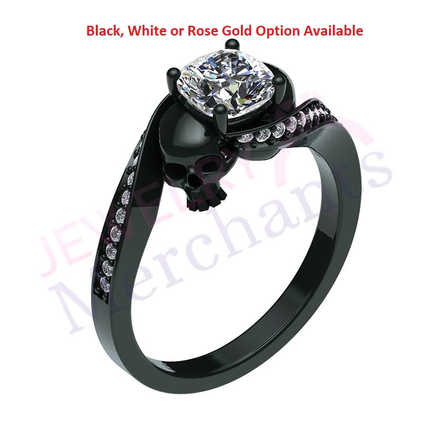 Zwei Schädel Ehering 2, 20 Ct Kissenschliff Weißer Diamant 925 Sterling Silber 14K Schwarz/Weiß Rose Gold Überzogener Gothic Verlobungsring von JewelryMerchants