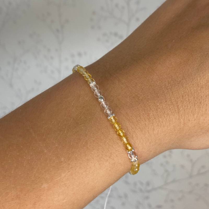 Focus | Citrin Bergkristall 3mm Facettiertes Filigranes Edelsteinarmband Makramee Boho 925 Sterling Silber von JewelryOfNani