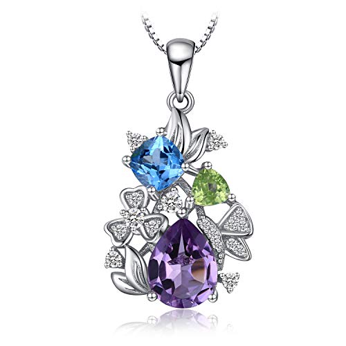 JewelryPalace 2.2ct Ketten Anhänger Echt Edelstein Blautopas Amethyst Peridot, Kette Blume 925 Silber mit Stein Schmuck Set Kette Mädchen, Halskette Damen Bunt Collier für Frauen 45CM Valentinstag von JewelryPalace