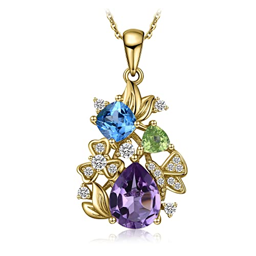 JewelryPalace 2.2ct Ketten Anhänger Echt Edelstein Blautopas Amethyst Peridot, Kette Blume 925 Silber mit Stein Schmuck Set Kette Mädchen, Halskette Damen Bunt Collier für Frauen Vergoldet 45CM von JewelryPalace