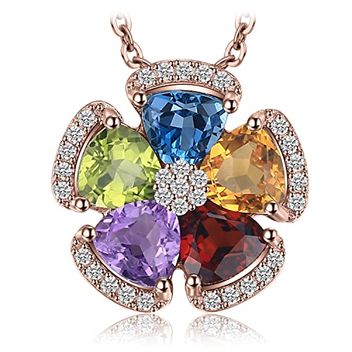 JewelryPalace 2.6ct Echt Edelstein Topas Amethyst Citrin Granat Peridot Ketten Anhänger, Kette Blume 925 Silber mit Stein Schmuck Set Kette Mädchen, Halskette Damen Bunt Collier Frauen Rosegold 45CM von JewelryPalace