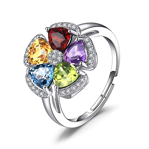 JewelryPalace 2.6ct Ringe Frauen Echt Edelstein Blautopas Amethyst Citrin Granat Peridot, Ring mit Stein Schmuck Set, Ring Blume Offen Verstellbarer 925 Silber, Cocktail Damen Silberringe Damen 925 von JewelryPalace