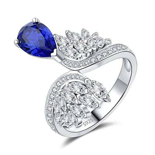 JewelryPalace Art Deco Tropfenschliff 1.7ct Erstellt Blau Saphir Ring Damen, Damenring mit Marquise Flügel Schmuck Set, Verlobungsring Silber 925 Ring Promise Frauen, Hochzeitsring Schmuck Mädchen 51 von JewelryPalace