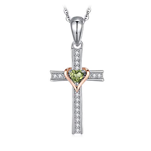 JewelryPalace Bicolor Kette mit Kreuz Damen, Herz Liebe Echt Natur Grün Peridot Kette Anhänger 45CM, Halskette Damen Silber 925 Collier Damen Edelstein Mädchen, Halsketten mit Zirkonia für Frauen von JewelryPalace