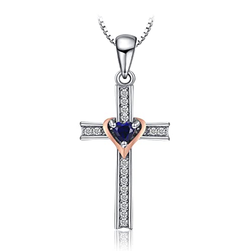 JewelryPalace Bicolor Kette mit Kreuz Damen, Herz Liebe Erstellt Blau Saphir Kette Anhänger 45CM, Halskette Damen Silber 925 Collier Damen Ketten Edelstein Mädchen, Halsketten mit Zirkonia für Frauen von JewelryPalace