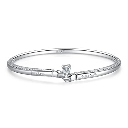 JewelryPalace Claddagh Liebe Herz Zirkonia Armband Damen Silber 925, Armreif Umarmung Hände mit stein Schmuck Set für Frauen, Keltisch Armbänder Mädchen Verstellbar Armreifen Schriftzug I AM ENOUGH von JewelryPalace