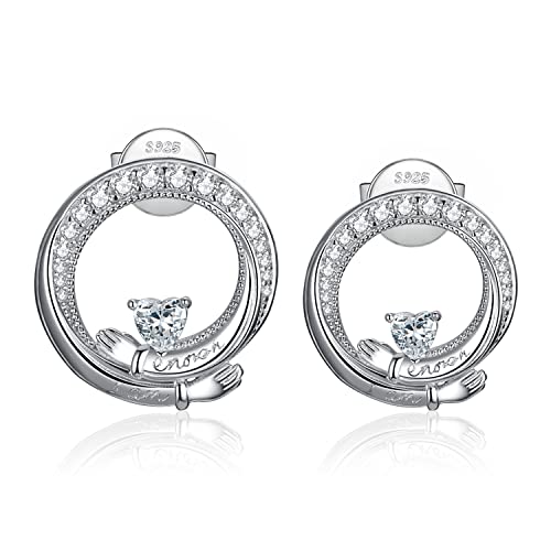 JewelryPalace Claddagh Liebe Herz Zirkonia Ohrstecker Silber 925 Damen, Umarmung Hände Schmuck Set, Keltisch Ohrringe Silber Mädchen Schmuck mit Stein, Modeschmuck mit Schriftzug I AM ENOUGH Frauen von JewelryPalace