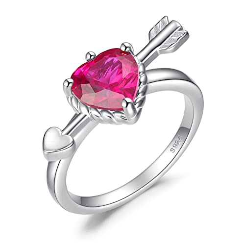 JewelryPalace Cupid Pfeil Liebe Herz 2.2ct Rubinfarbe Zirkonia Solitär Ring Damen, Ring mit Rot Stein Schmuck Set, Verlobungsring Damenring Silber Ringe 925 für Frauen, Promise Ring Schmuck Mädchen 57 von JewelryPalace