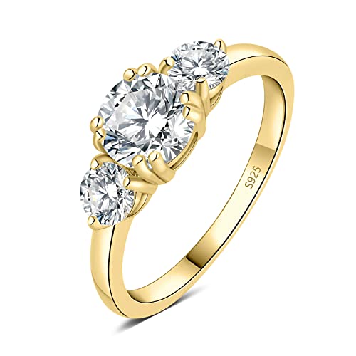 JewelryPalace Drei Stein Rund 1.4ct Moissanite Ring Damen, Verlobungsringe Silber 925 für Frauen, Hochzeitsring Damenring Simulierter Diamant Promise Ring, Mädchen Schmuck mit Stein Vergoldet 51 von JewelryPalace