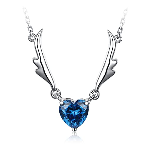 JewelryPalace Engelsflügel Liebe Herz 1.5ct Saphirfarbe Zirkonia Kette Anhänger 45CM, Blau Schmuck Set, Halskette Damen Silber 925 Collier Damen Schmuck Mädchen, Halsketten mit Stein für Frauen von JewelryPalace