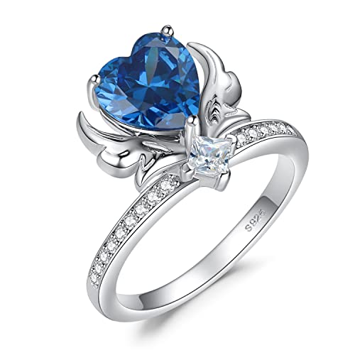 JewelryPalace Engelsflügel Liebe Herz 2.2ct Saphirfarbe Zirkonia Ring Damen, Ring mit Blau Stein Schmuck Set, Damenring Silber Ringe 925 für Frauen, Silberringe Promise Ring Schmuck Mädchen 51 von JewelryPalace