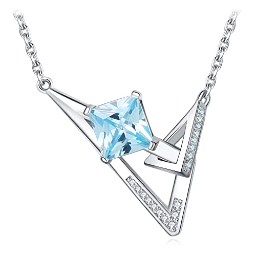 JewelryPalace Geometrisch Prinzessschliff 4ct Blau Zirkonia Kette Anhänger 45CM, Blauer Stein Schmuck Set, Art Deco Halskette Damen Silber 925 Collier Damen, Modeschmuck Mädchen Geschenke für Frauen von JewelryPalace