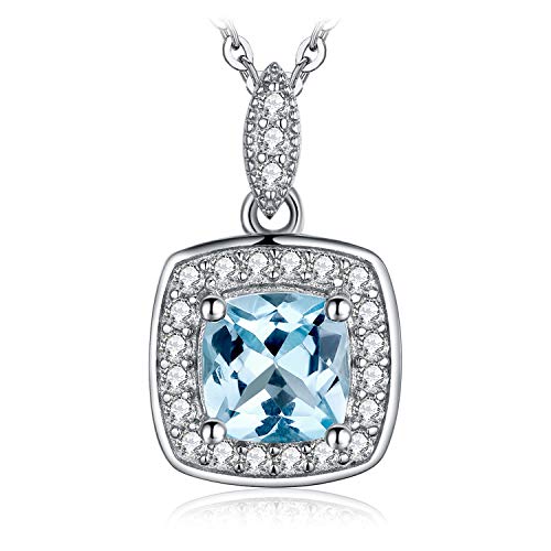 JewelryPalace Halo Kissenschliff 1.2ct Natur Blau Topas Kette Anhänger 45CM, Blautopas Schmuck Set, Halskette Damen Silber 925 Collier Damen Quadrat Edelstein Mädchen, Ketten mit Naturstein Frauen von JewelryPalace