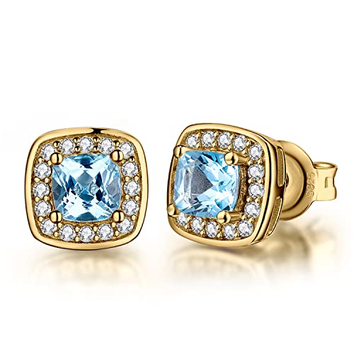 JewelryPalace Halo Kissenschliff 1ct Echt Blau Topas Ohrstecker Silber 925 Damen, Blautopas Schmuck Set, Ohrringe Silber Quadrat Edelstein Mädchen, Ohrstecker Silber klein mit Stein Frauen Vergoldet von JewelryPalace