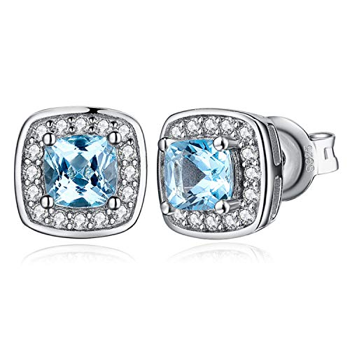 JewelryPalace Halo Kissenschliff 1ct Echt Blau Topas Ohrstecker Silber 925 Damen, Blautopas Schmuck Set, Ohrringe Silber Quadrat Edelstein Mädchen, Ohrstecker Silber klein mit Stein Frauen von JewelryPalace
