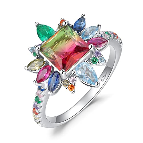 JewelryPalace Halo Prinzessschliff 4.6ct Simulierter Wassermelone Regenbogen Turmalin Smaragd Ring Damen, Bunt Stein Schmuck Set,Ring Silber 925 Frauen,Schmuck Mädchen Erstellt Rubin Saphir Spinell 49 von JewelryPalace