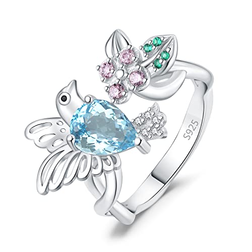 JewelryPalace Infinity Kolibri Vogel Offen Verstellbarer Tropfenschliff 1.5ct Echt Natur Blau Rosa Topas Ring Silber 925 Damen, Ring Simulierter Smaragd Grün Stein Schmuck Set Frauen, Schmuck Mädchen von JewelryPalace